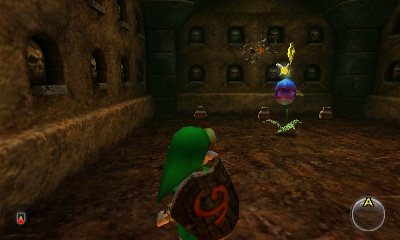 #79: In the central room, there are two locked doors. The room on the left has a Deku Baba and some flying pots. The Skulltula can be found along the back wall.