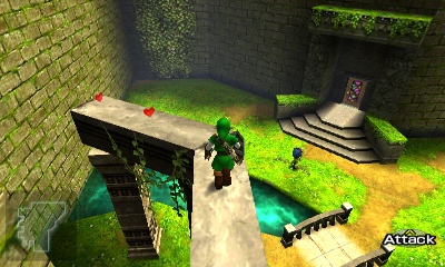 #53: When Link enters the other courtyard northwest of the central room, jump over to the narrow platform with recovery hearts. From there, look up against the wall to spot the Gold Skulltula.