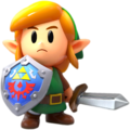 Link seen holding the Hylian Shield in Link's Awakening (Switch)
