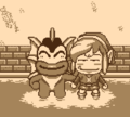 A photograph of Link with the friendly Zora in Link's Awakening