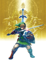 Link with the Master Sword with a gold background