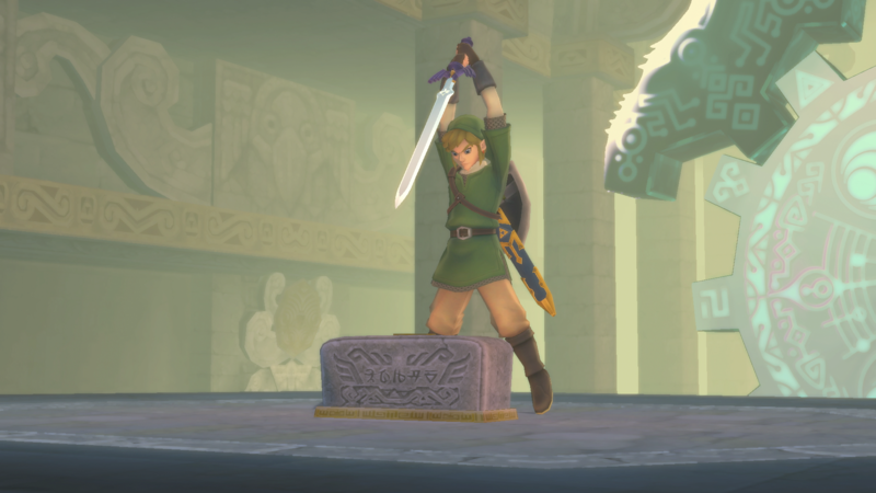 File:Master Sword Pedestal Temple of Hylia Link places Sword - SSHD prerelease screenshot.png
