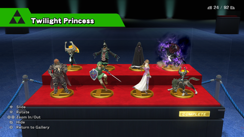 Twilight Princess trophies: Midna, Zant, Hooded Zelda, Beast Ganon, Ganondorf, Link, Zelda, Wolf Link