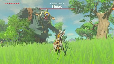 Fighting a Blue Hinox at Applean Forest in Breath of the Wild.