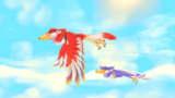 Link's Crimson Loftwing and Zelda's Loftwing fly together.