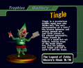 Tingle trophy from Super Smash Bros. Melee, with text