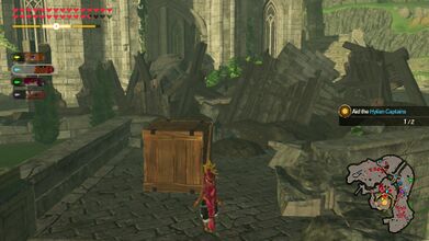In the center of the map are three temples that are outposts. From the eastern one, which has Nayru's symbol on the floor, head up the stairs and break the wooden crate.