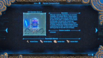 The Hyrule Compendium entry on the Guardian Scout II at the Ta'loh Naeg Shrine.