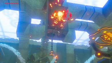 Shoot the treasure chest above with a Fire Arrow or use magnesis to move the lamp on to the leaf's to get a Gerudo Spear.
