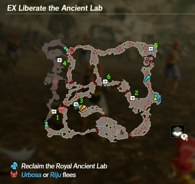 There are 6 treasure chests found in EX Liberate the Ancient Lab.Note: These chests are shared with Road to the Ancient Lab. Collecting a chest from either scenario will remove it from the other.