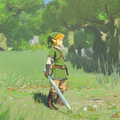 Link holding the Goddess Sword while wearing the Hero of the Sky Set in Breath of the Wild