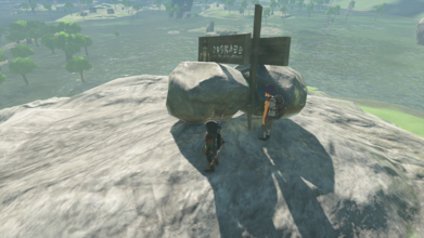 Location - Mercay Island Found on top of a hill on the island. Attach two nearby Boulders into each other and use them to support the sign.
