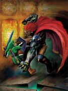 Official artwork of Link fighting Ganondorf at the top of Ganon's Castle
