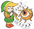 Artwork of Link playing the Recorder to harm Digdogger from The Hyrule Fantasy: The Legend of Zelda Picture Book