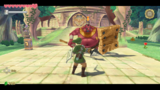 Link, carrying an Iron Shield, faces off against a Moblin outside Skyview Temple.