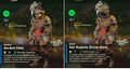 Image comparing the Ancient Helm bonuses with the Vah Medoh Divine Helm at ★★+ upgrading when worn with the Ancient Set. The helm reduces Guardian Resist Up.