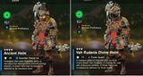 Image comparing the Ancient Helm bonuses with the Vah Medoh Divine Helm at ★★+ upgrading when worn with the Ancient Set. The helm does not grant a level of Guardian Resist Up.