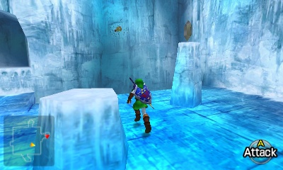 #70: In the large block pushing room of the Ice Cavern, the Gold Skulltula is found waiting on one of the higher walls.