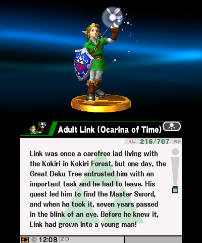 File:Adult Link (Ocarina of Time) - SSB3DS Trophy with EU-AUS text.png