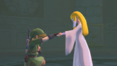 Link kneels before Zelda, with her Hylia memories restored, in preparation to receive the blessing which upgrades the Master Sword to the True Master Sword.