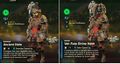 Image comparing the Ancient Helm bonuses with the Vah Ruta Divine Helm at ★★+ upgrading when worn with the Ancient Set. The helm reduces Guardian Resist Up.