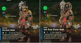 Image comparing the Ancient Helm bonuses with the Vah Ruta Divine Helm at ★★+ upgrading when worn with the Ancient Set. The helm reduces Guardian Resist Up.