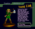 Young Link (Smash: Green Tunic) trophy from Super Smash Bros. Melee, with text