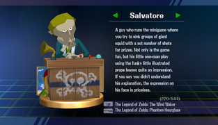 Salvatore trophy with text from Super Smash Bros. Brawl: Randomly obtained.