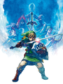Link with the Master Sword with a blue background