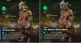 Image comparing the Ancient Helm bonuses with the Vah Naboris Divine Helm at ★★+ upgrading when worn with the Ancient Set. The helm reduces Guardian Resist Up.