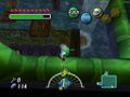 13. When standing on the GREEN platform with the switch, kill the Real Bombchu, then walk along the GREEN pipes. Put on the Zora Mask and climb your way right. Follow it and jump down into the small area when you can't go any further. Use your Hookshot on the chest and open it.