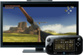 Promotional image "Gyroscope Aiming" showing the Wii U GamePad.