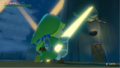 Link using his shield to block the lasers from the Moblin Bust