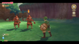 Link, Wooden Shield in hand, faces off against two Bokoblin in Faron Woods.