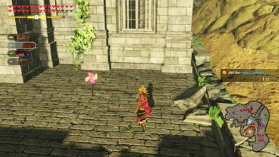 There are three temples and outposts near the center of the map. Examine the pinwheel that is found outside the temple to the west, which has Farore's symbol on the floor.