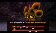 Deku Link playing the Sonata of Awakening in Majora's Mask 3D