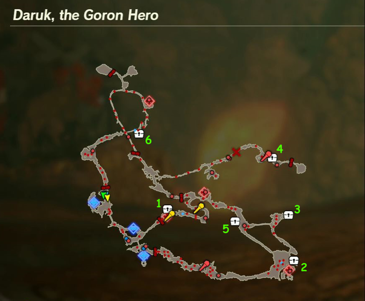 There are 6 treasure chests found in Daruk, the Goron Hero.