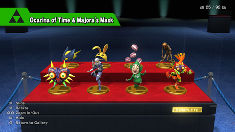 Ocarina of Time & Majora's Mask trophies: Bombchu, Bunny Hood, Deku Nuts, ReDead, Majora's Mask, Sheik, Tingle (NB: The Wind Waker design), Skull Kid.