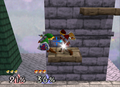 Links fighting on the Hyrule Castle stage from Super Smash Bros.