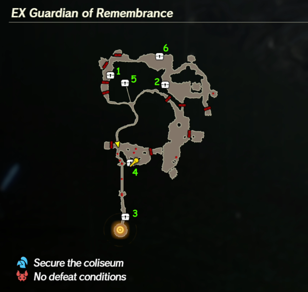 There are 6 treasure chests found in EX Guardian of Remembrance.Note: These chests are shared with EX To Zelda's Side. Collecting a chest at its respective location from either scenario will remove it from the other.