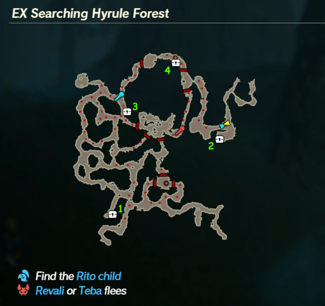 There are 4 treasure chests found in EX Searching Hyrule Forest.Note: These chests are shared with Freeing Korok Forest. Collecting a chest at its respective location from either scenario will remove it from the other.