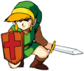 Link kneeling, sword at the ready