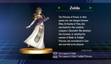 Zelda trophy with text from Super Smash Bros. Brawl: To obtain, complete Classic Mode as Zelda.