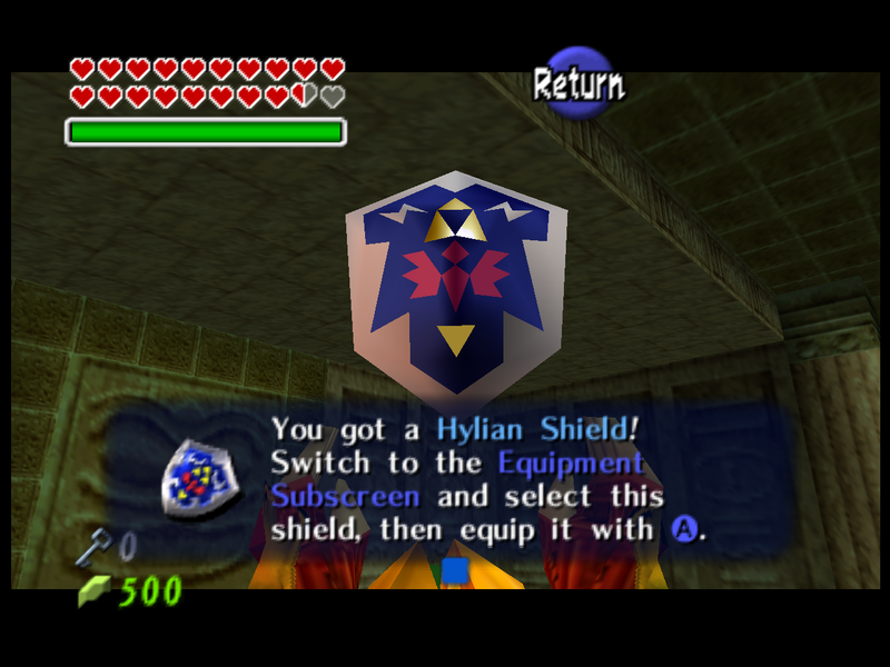 File:Hylian Shield pickup in Fire Temple - OOT64.png