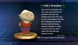 Link's Grandma trophy with text from Super Smash Bros. Brawl: Randomly obtained.
