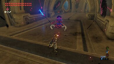 A Guardian Scout II inside Divine Beast Vah Medoh; note its magenta coloration, signaling it being blemished by Malice