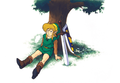 Link resting underneath a tree.