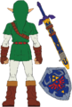 Adult Link colour design sketch, back view with Master Sword and Hylian Shield broken out.