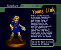 Young Link (Smash: Blue Tunic) trophy with text from Super Smash Bros. Melee