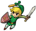 Link wearing Ezlo, brandishing a sword